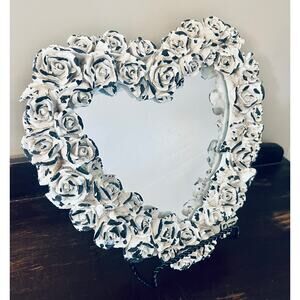 Decoline Heart VTG Wall Mirror Ivory Rose Shabby Cottage Chic Valentines 13”w